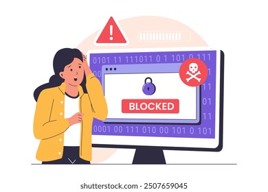 Mujer triste computadora golpeada por un ataque de ransomware. Ilustración para Sitios web, landing pages, aplicaciones móviles, pósters y Anuncios. Ilustración vectorial plana de moda