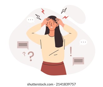 Sad woman concept. Young girl puts her hands behind her head, negative emotions, stress and panic. Failure at work or in personal life, failure. Fury and anger. Cartoon flat vector illustration