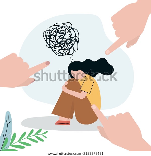 Sad woman with confused thoughts surrounded\
by condemning gestures. Girl have problems with mental health and\
depression. Concept of bullying, inner critic and negative self\
talk. Vector illustration