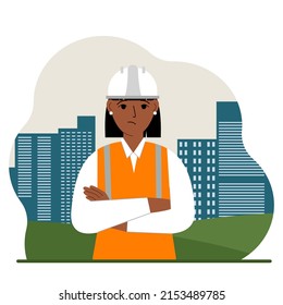 Triste constructora mujer contra el telón de fondo de la ciudad y los edificios de departamentos altos. Ilustración plana del vector