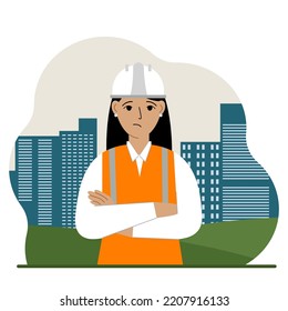 Triste constructora mujer contra el telón de fondo de la ciudad y los edificios de departamentos altos. Ilustración plana del vector