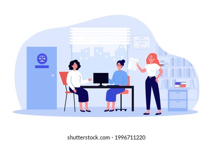 Sad woman in consultation with lawyer flat vector illustration. Female person sitting in office and talking about her problems to jurisconsults. Juridical help concept