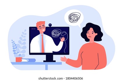 Sad woman counseling with psychologist online isolated flat vector illustration. Cartoon psychiatrist giving advice via internet consultation. Psychotherapy and mental health concept