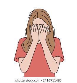 Una mujer triste se cubra la cara con las manos. Trastornos mentales, tristeza y concepto de depresión. Ilustración vectorial dibujada por mano