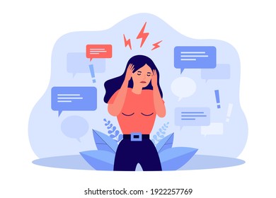 Sad woman covering ears with hands to stop disinformation isolated flat vector illustration. Cartoon character having headache from noise. Fake news, hoax and social advertising noise concept