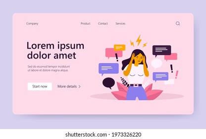 Sad woman covering ears with hands to stop disinformation isolated flat vector illustration. Cartoon character having headache from noise. Fake news, hoax and social advertising noise concept