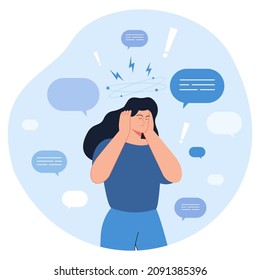 Sad woman covering ears from noise of social media. Stop hoax and disinformation scene flat vector illustration. Fake news, anxiety concept for banner, website design or landing web page