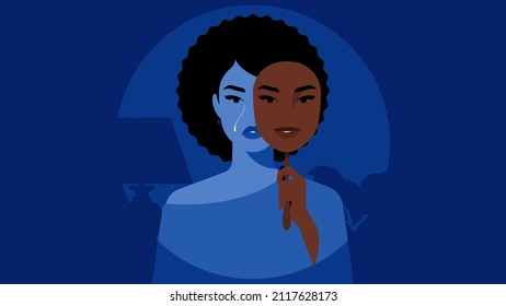 Sad woman covering face with mask expressing opposite emotion. Sad black girl. Impostor syndrome, hypocrisy, psychological problems, bipolar disorder. Illustration for poster, cover, mag.