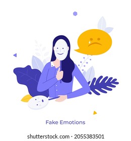 Sad woman covering its face with smiling mask. Concept of fake emotion, hiding negative feelings under false happiness, toxic positivity. Modern flat colorful vector illustration for banner, poster.