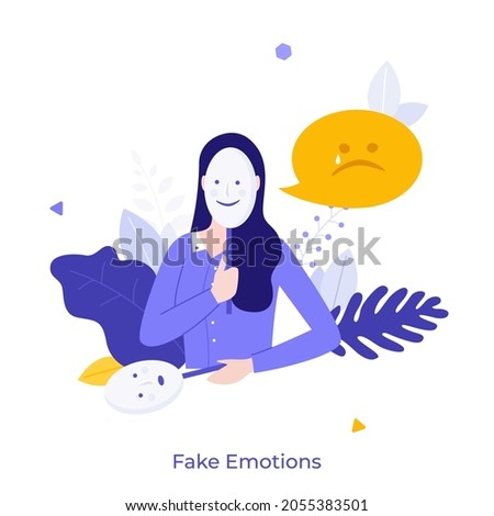 Sad woman covering its face with smiling mask. Concept of fake emotion, hiding negative feelings under false happiness, toxic positivity. Modern flat colorful vector illustration for banner, poster.