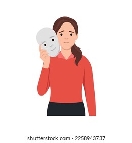 Sad woman is covering her face with a smiling mask. Concept good and bad mood. Flat vector illustration isolated on white background