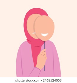 Sad woman is covering her face with a smiling mask. Concept good and bad mood vector illustration