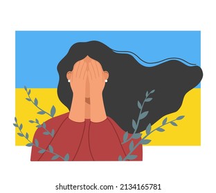 La mujer triste se cubre la cara con las manos. Bandera azul y amarilla de Ucrania. El concepto de independencia y libertad. Ilustración vectorial plana sobre fondo blanco.