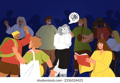 Sad woman in crowd concept. Young girl stands and covers her face with her hand among teenagers. Depression and frustration. Mental illness and psychology. Cartoon flat vector illustration