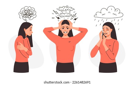 Sad woman cry, get angry, feel stressed. A frustrated woman with problems. Stress Awareness. Mental health. Flat modern vector illustration.