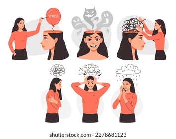 Sad woman cry, get angry, feel stressed. A frustrated woman with problems. Stress Awareness. Bipolar disorder. Mental health. Flat modern vector illustration.