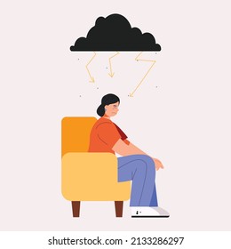 A sad woman is crying in a chair. A cloud over your head. Depression. Flat vector illustration. - Shutterstock ID 2133286297