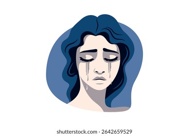 A sad woman crying, with expressive tears and closed eyes on a neutral blue background. Woman in depression. Concept of mental disorder, affliction, sorrow and anxiety.