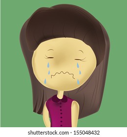 a sad woman crying in a green background