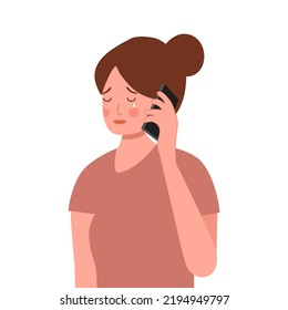 Sad woman crying on phone in flat design on white background.
