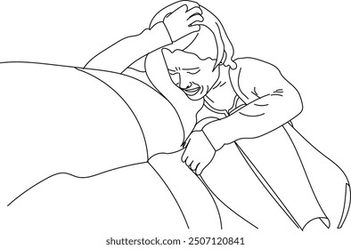 sad woman crying and sitting on sofa vlack and white line art illustration