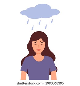 Mujer triste llorando bajo la nube y lluvia en diseño plano sobre fondo blanco. Muchacha depresiva.