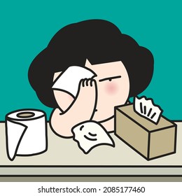 Sad Woman is Crying And Wipe Her Tears By Tissue Paper Concept Card Character illustration