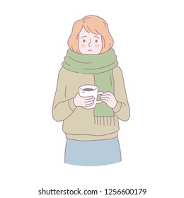 Sad woman with cup of tea or coffee. Vector illustration.