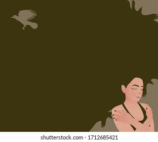 A sad woman with a dark spot of languid thoughts instead of hair and a flying bird as a symbol of hopelessness. Illustration on the topic of mental depression in adolescents.