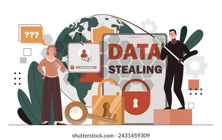 Sad woman with data stealing. Hacker steals personal information from young girl. Dangerous and criminal on internet. Hacker with fishing rod flich password. Cartoon flat vector illustration