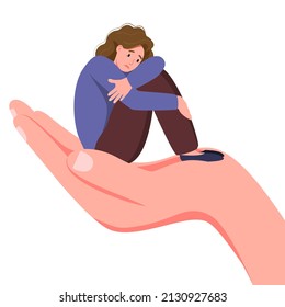 Sad woman in depression and anxiety, sad vector cartoon. Depression loneliness concept with tense girl on hand holding her knees needs psychotherapeutic help, support