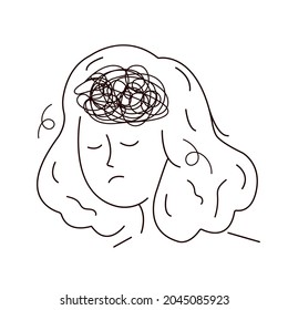 Sad woman in depression with bewildered thoughts in mind. Confused girl with head is ball of insane messy lines. Anxiety disorder, depression and mixed emotions. Mental health help.Vector illustration