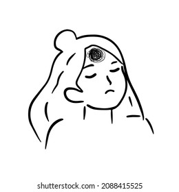 Sad woman in depression with bewildered thoughts in mind. Confused girl with head is ball of insane messy lines. Anxiety disorder, depression and mixed emotions. Mental health help.Vector illustration