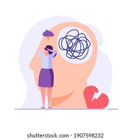 Sad woman in depression. Concept of Mental health problem and issues, psychology therapy, brain care. Vector illustration in flat cartoon design