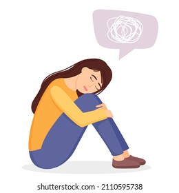 Sad woman in depression with confused thoughts. Young unhappy girl sitting and hugging her knees. Depression concept. Vector illustration