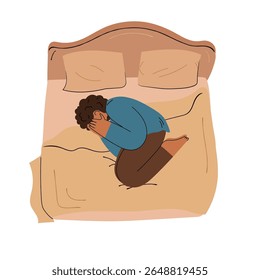 Sad woman in depression lying on bed crying isolated. Character with mental health problem. Cute vector illustration in hand drawn flat style.
