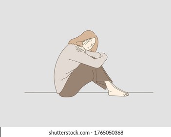 Sad woman with depression sitting alone on the floor. Major depressive disorder concept. Hand drawn style vector design illustrations.