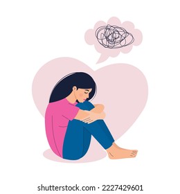 Sad woman in depression sitting and hugging her knees. Scribble in a cloud above her head. Confused thoughts in her mind, mental health issues, broken heart, stress concept.