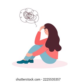 Mujer triste en depresión sentada y pensando en problemas. Pensamientos confusos en su mente, problemas de salud mental, estrés, pérdida, crisis, síndrome de burnout, concepto de problemas de relación. 