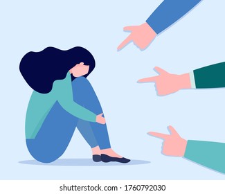 Sad woman with depression surrounded with pointed fingers. Concept of social bullying, conviction, denunciation, accusing. Vector flat illustration of victim.