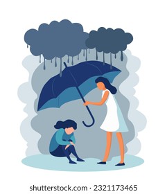 Sad woman in depression under grey cloud. Psychologist helps her, protects from rain by umbrella. Psychology design for dramatic mood person in troubles, stress, mental problems. Flat cartoon vector