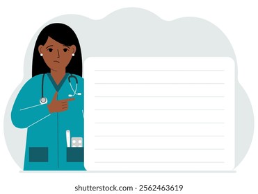 Sad woman doctor holding a file with blank paper for text. Vector