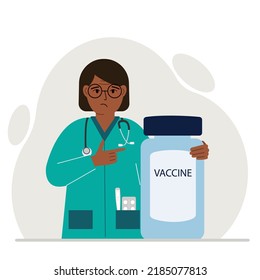 Sad woman doctor next to a jar of vaccine. Pandemic. Vector flat illustration