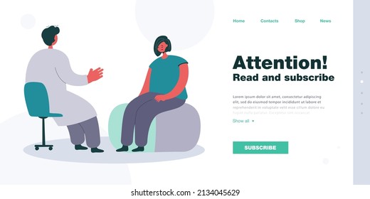 Sad woman at doctors appointment flat vector illustration. Girl sitting in front of man in white coat, consulting with professional. Psychotherapy, medical consultation, help, psychology concept