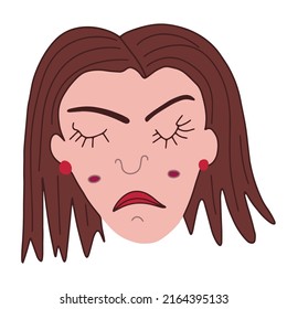 Sad woman doodle face with closed eyes. Vector hand drawn illustration for print