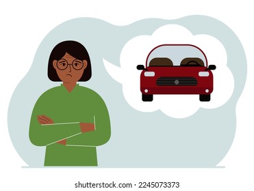 A sad woman dreams of a car. Near the woman is a large balloon with a red car. The concept of place, purchase, credit, thought. Vector flat illustration
