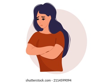 A sad woman drowns her face in displeasure. Depressed young girl keep her hands folded. Amnesia depression concept. Struggling with a mental disorder or Alzheimer's disease. Flat vector illustration.