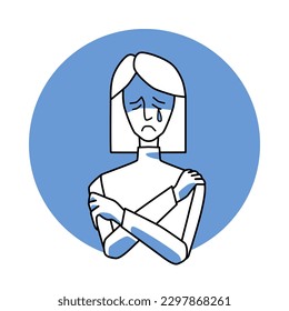 Sad woman with emotion of melancholy, facial expression with gestures. Female in sadness, white hair, expressing her melancholy feelings. Blue vector circle icon.