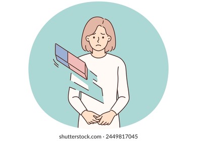 Sad woman erased with eraser suffer from depression or mental problems. Unhappy girl personality erased. Low self-esteem and self-worth. Vector illustration.