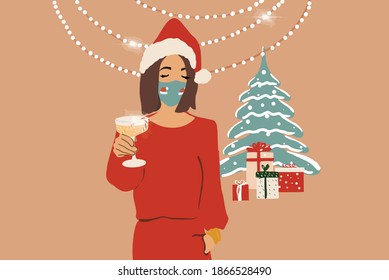 Sad woman in facial mask celebrating alone New Year holidays at home. Vector illustration in flat style.